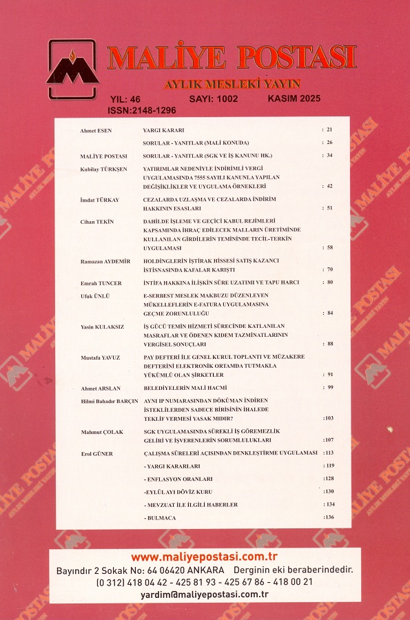 KASIM 2025 MALİYE POSTASI İÇİNDEKİLER